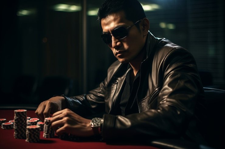 Dealer live casino sedang membagikan kartu blackjack dengan latar belakang studio profesional