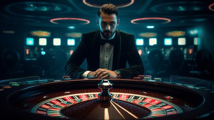 Dealer kasino profesional sedang memandu permainan slot dalam live casino interaktif